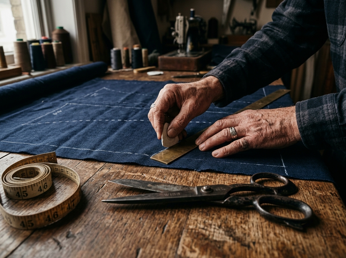 Tailor Artisan drafting patterns on cutting table